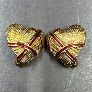 Vintage Retired GARNAY Gold Tone Heart Earrings w/ Red Enamel Ribbon Accents